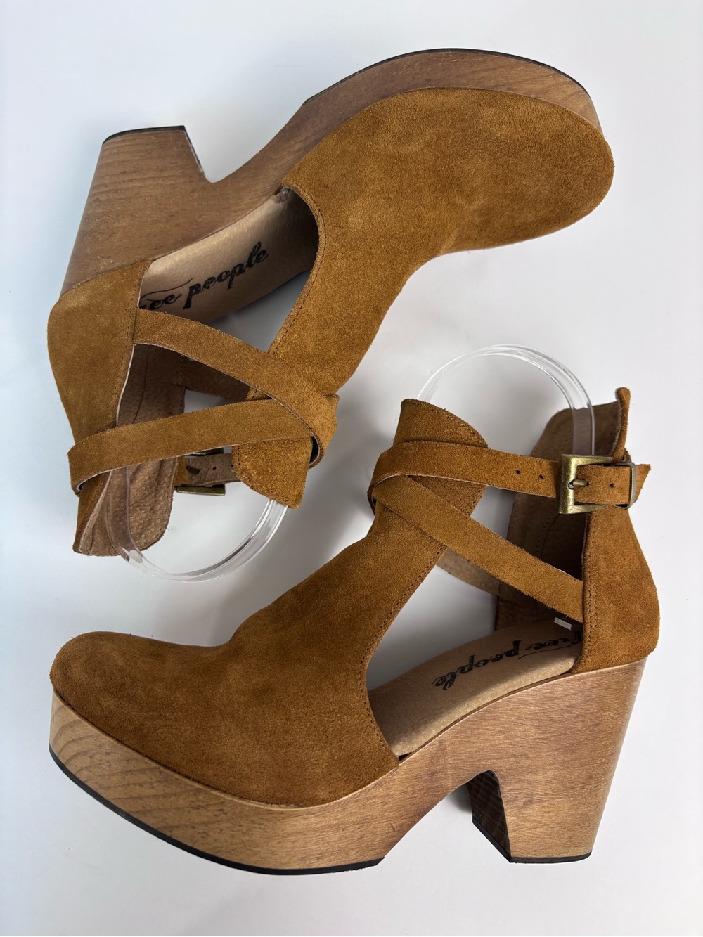 Free People Clog Heels Suede Chunky Wood Platform Block Heel Shoe Brown Sz 39/9 - Picture 11 of 16